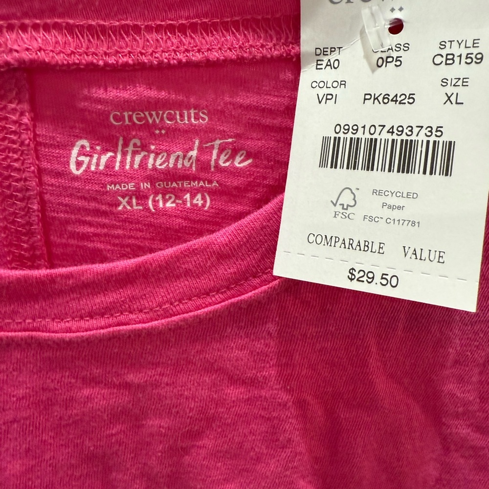 Crewcuts Vibrant Pink Girlfriend Tee XL new with tags